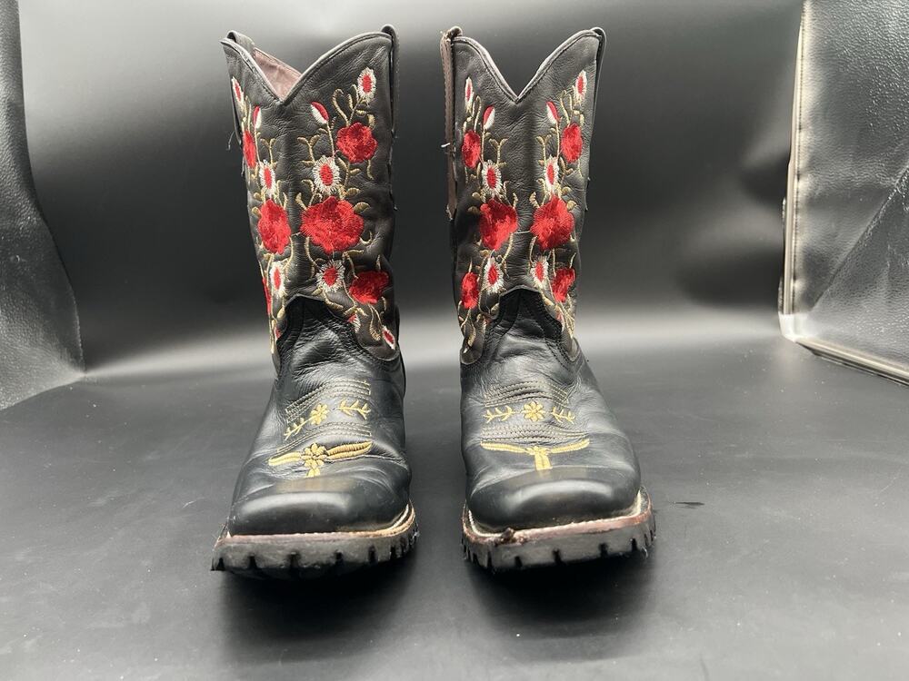Women’s Genuine Leather Red Rose Black Nobuck Square Toe Western Cowgirl Boot